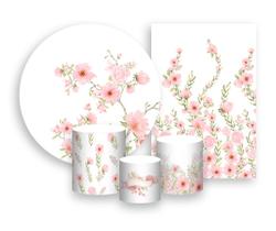 Kit 2 Painéis De Festa + Trio De Capas Cilindro - Galho Floral Verde Suave com Rosas 047