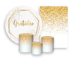 Kit 2 Painéis De Festa + Trio De Capas Cilindro - Geométrico Dourado e Branco Gratidão 044