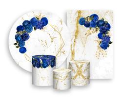 Kit 2 Painéis De Festa + Trio De Capas Cilindro - Geométrico Floral Azul 030 Kit 2 Painéis De Festa + Trio De Capas Cilindro - Geométrico Floral Azul 030