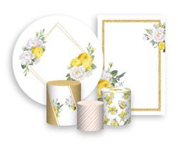 Kit 2 Painéis De Festa + Trio De Capas Cilindro - Geométrico Flores Amarelo com Dourado 025