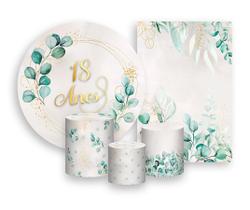 Kit 2 Painéis De Festa + Trio De Capas Cilindro - Geométrico Folhagens 18 Anos 007