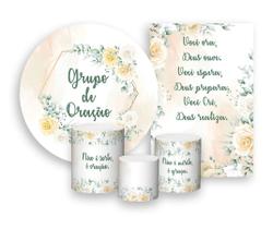 Kit 2 Painéis De Festa + Trio De Capas Cilindro - Grupo de Oração Bege Floral 004 Kit 2 Painéis De Festa + Trio De Capas Cilindro - Grupo de Oração Bege Floral 004