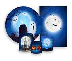 Kit 2 Painéis De Festa + Trio De Capas Cilindro - Halloween Cemitério com Fantasmas 011