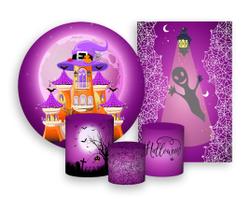 Kit 2 Painéis De Festa + Trio De Capas Cilindro - Halloween Roxo Casa de Bruxa 007