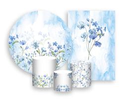 Kit 2 Painéis De Festa + Trio De Capas Cilindro - Jardim Aquarelado Tons de Azul 028