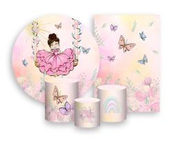 Kit 2 Painéis De Festa + Trio De Capas Cilindro - Jardim Com Princesa Morena 010 Kit 2 Painéis De Festa + Trio De Capas Cilindro - Jardim Com Princesa Morena 010