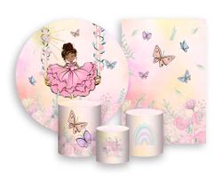 Kit 2 Painéis De Festa + Trio De Capas Cilindro - Jardim Com Princesa no Balanço 008