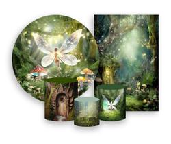 Kit 2 Painéis De Festa + Trio De Capas Cilindro - Jardim Fadas com Cogumelos 007