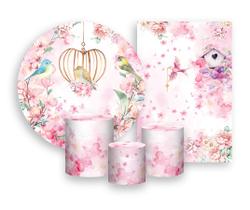 Kit 2 Painéis De Festa + Trio De Capas Cilindro - Jardim Passarinhos Rosa Menina 001