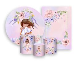 Kit 2 Painéis De Festa + Trio De Capas Cilindro - Jardim Rosa e Lilás com Meninas 022