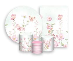 Kit 2 Painéis De Festa + Trio De Capas Cilindro - Jardim Rosa e Verde Pastel com Borboletas 025 Kit 2 Painéis De Festa + Trio De Capas Cilindro - Jardim Rosa e Verde Pastel com Borboletas 025