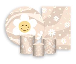 Kit 2 Painéis De Festa + Trio De Capas Cilindro - Margaridas no Fundo Bege 032 Kit 2 Painéis De Festa + Trio De Capas Cilindro - Margaridas no Fundo Bege 032