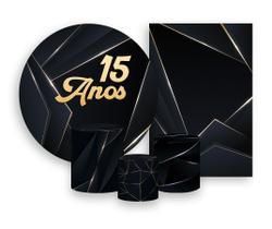Kit 2 Painéis De Festa + Trio De Capas Cilindro - Masculino Preto e Dourado 15 Anos 061 Kit 2 Painéis De Festa + Trio De Capas Cilindro - Masculino Preto e Dourado 15 Anos 061