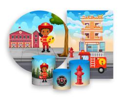 Kit 2 Painéis De Festa + Trio De Capas Cilindro - Menina Bombeira Cute 003 Kit 2 Painéis De Festa + Trio De Capas Cilindro - Menina Bombeira Cute 003