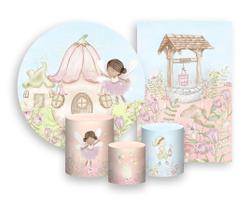 Kit 2 Painéis De Festa + Trio De Capas Cilindro - Mundo das Fadas Aquarela 010