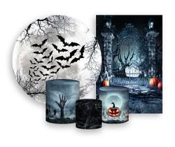 Kit 2 Painéis De Festa + Trio De Capas Cilindro - Noite de Lua Cheia Halloween Morcegos 003