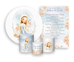 Kit 2 Painéis De Festa + Trio De Capas Cilindro - Nossa Senhora de Lourdes Branco Floral 010