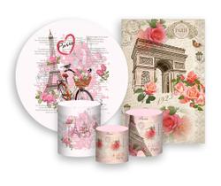 Kit 2 Painéis De Festa + Trio De Capas Cilindro - Paris Flores Torre Eiffel 001