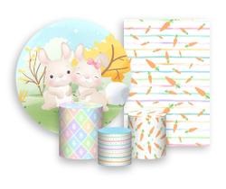 Kit 2 Painéis De Festa + Trio De Capas Cilindro - Páscoa Coelhinhos Cute Jardim 002
