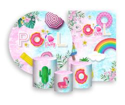 Kit 2 Painéis De Festa + Trio De Capas Cilindro - Pool Party Rosa e Azul 003