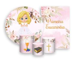 Kit 2 Painéis De Festa + Trio De Capas Cilindro - Primeira Eucaristia Comunhão Menina Loira 015 Kit 2 Painéis De Festa + Trio De Capas Cilindro - Primeira Eucaristia Comunhão Menina Loira 015