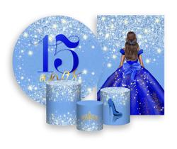 Kit 2 Painéis De Festa + Trio De Capas Cilindro - Princesa 15 Anos Efeito Glitter Azul 062