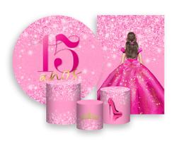 Kit 2 Painéis De Festa + Trio De Capas Cilindro - Princesa 15 Anos Efeito Glitter Pink 064