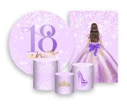 Kit 2 Painéis De Festa + Trio De Capas Cilindro - Princesa 18 Anos Efeito Glitter Lilás 070 Kit 2 Painéis De Festa + Trio De Capas Cilindro - Princesa 18 Anos Efeito Glitter Lilás 070