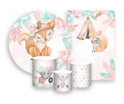 Kit 2 Painéis De Festa + Trio De Capas Cilindro - Raposinha Boho 001 Kit 2 Painéis De Festa + Trio De Capas Cilindro - Raposinha Boho 001