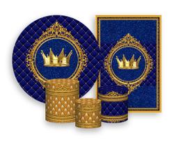 Kit 2 Painéis De Festa + Trio De Capas Cilindro - Realeza Azul e Dourado 005 Kit 2 Painéis De Festa + Trio De Capas Cilindro - Realeza Azul e Dourado 005