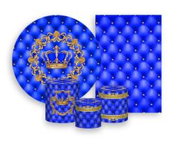 Kit 2 Painéis De Festa + Trio De Capas Cilindro - Realeza Coroa Azul e Dourado 006