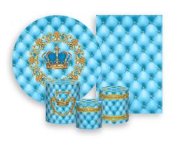 Kit 2 Painéis De Festa + Trio De Capas Cilindro - Realeza Coroa Azul Suave e Dourado 007