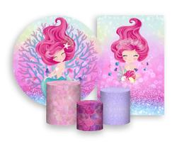 Kit 2 Painéis De Festa + Trio De Capas Cilindro - Sereia Corais Efeito Glitter 001