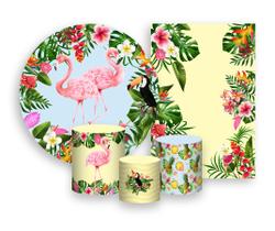 Kit 2 Painéis De Festa + Trio De Capas Cilindro - Tropical Flamingos Folhas 007