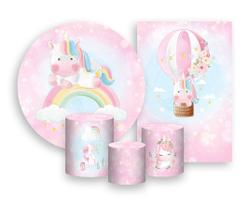 Kit 2 Painéis De Festa + Trio De Capas Cilindro - Unicórnio Aquarela Arco-Íris 005