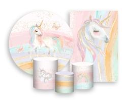 Kit 2 Painéis De Festa + Trio De Capas Cilindro - Unicórnio Efeito Glitter Dourado 004