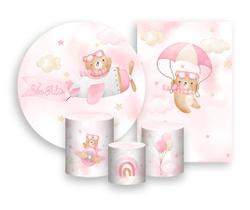 Kit 2 Painéis De Festa + Trio De Capas Cilindro - Ursinha Aviadora Rosa e Bege 029 Kit 2 Painéis De Festa + Trio De Capas Cilindro - Ursinha Aviadora Rosa e Bege 029