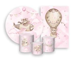 Kit 2 Painéis De Festa + Trio De Capas Cilindro - Ursinha Aviadora Rosa o Tempo Voa 004 Kit 2 Painéis De Festa + Trio De Capas Cilindro - Ursinha Aviadora Rosa o Tempo Voa 004