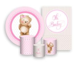 Kit 2 Painéis De Festa + Trio De Capas Cilindro - Ursinha Cute Rosa Claro 022