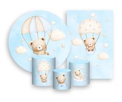 Kit 2 Painéis De Festa + Trio De Capas Cilindro - Ursinho Baloeiro Azul Paraquedas 030 Kit 2 Painéis De Festa + Trio De Capas Cilindro - Ursinho Baloeiro Azul Paraquedas 030