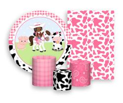 Kit 2 Painéis De Festa + Trio De Capas Cilindro - Vaqueira Rosa com Animais 008 Kit 2 Painéis De Festa + Trio De Capas Cilindro - Vaqueira Rosa com Animais 008