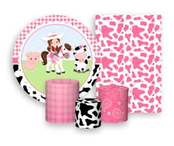 Kit 2 Painéis De Festa + Trio De Capas Cilindro - Vaqueira Vaquinha Estampa Rosa 009 Kit 2 Painéis De Festa + Trio De Capas Cilindro - Vaqueira Vaquinha Estampa Rosa 009