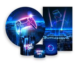 Kit 2 Painéis De Festa + Trio De Capas Cilindro - Video Game Cidade Azul 002 Kit 2 Painéis De Festa + Trio De Capas Cilindro - Video Game Cidade Azul 002