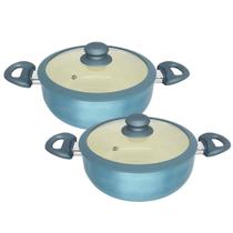 Kit 2 Panela Caçarola Indução Revestimento Cerâmica Com Tampa Silicone Azul 24cm