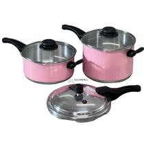 Kit 2 Panela de pressão Tampa Fechamento Externo 3,0 lts e 4,5 litros Com tampa de Vidro Rosa