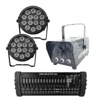 Kit 2 Par Led Slim + Máquina De Fumaça 600W + Mesa Dmx 384
