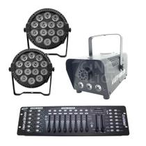 Kit 2 Par Led Slim + Máquina De Fumaça 600W + Mesa Dmx 512