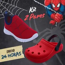 Kit 2 Pares Babuche Tênis Calce Fácil Infantil Menino Aranha Confortável Escolar Macio Volta as Aulas