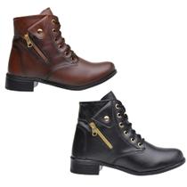 Kit 2 Pares Bota Cano Curto Amanda Block Cadarço Detalhe Ziper e Sola Borracha