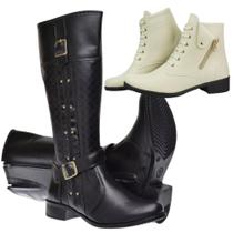 Kit 2 Pares Bota Feminina Detalhes Fivela Cano Alto E Cano Baixo
